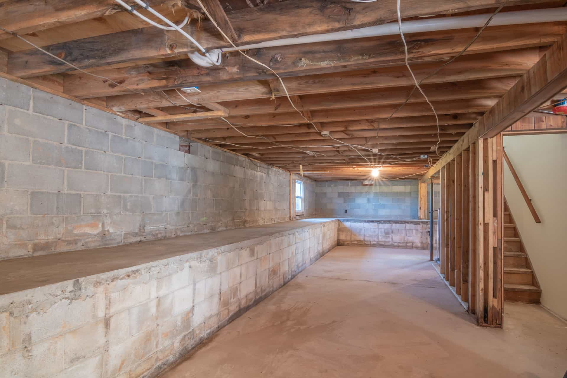 An empty unfinished basement with exposed floor joists overhead
